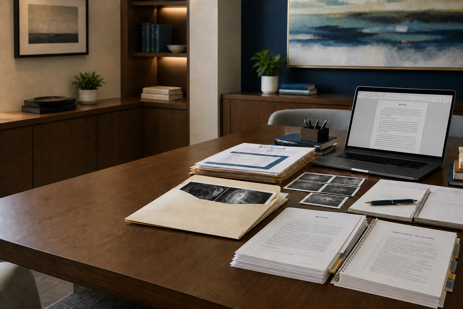 Organized case-preparation materials on an attorney worktable