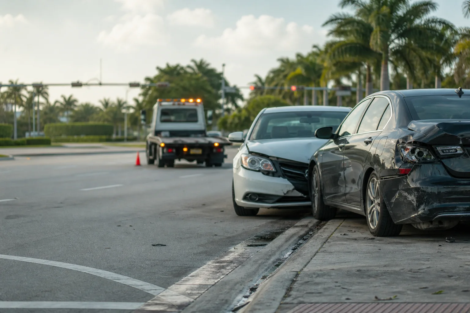 Two damaged cars at a Florida intersection after a collision