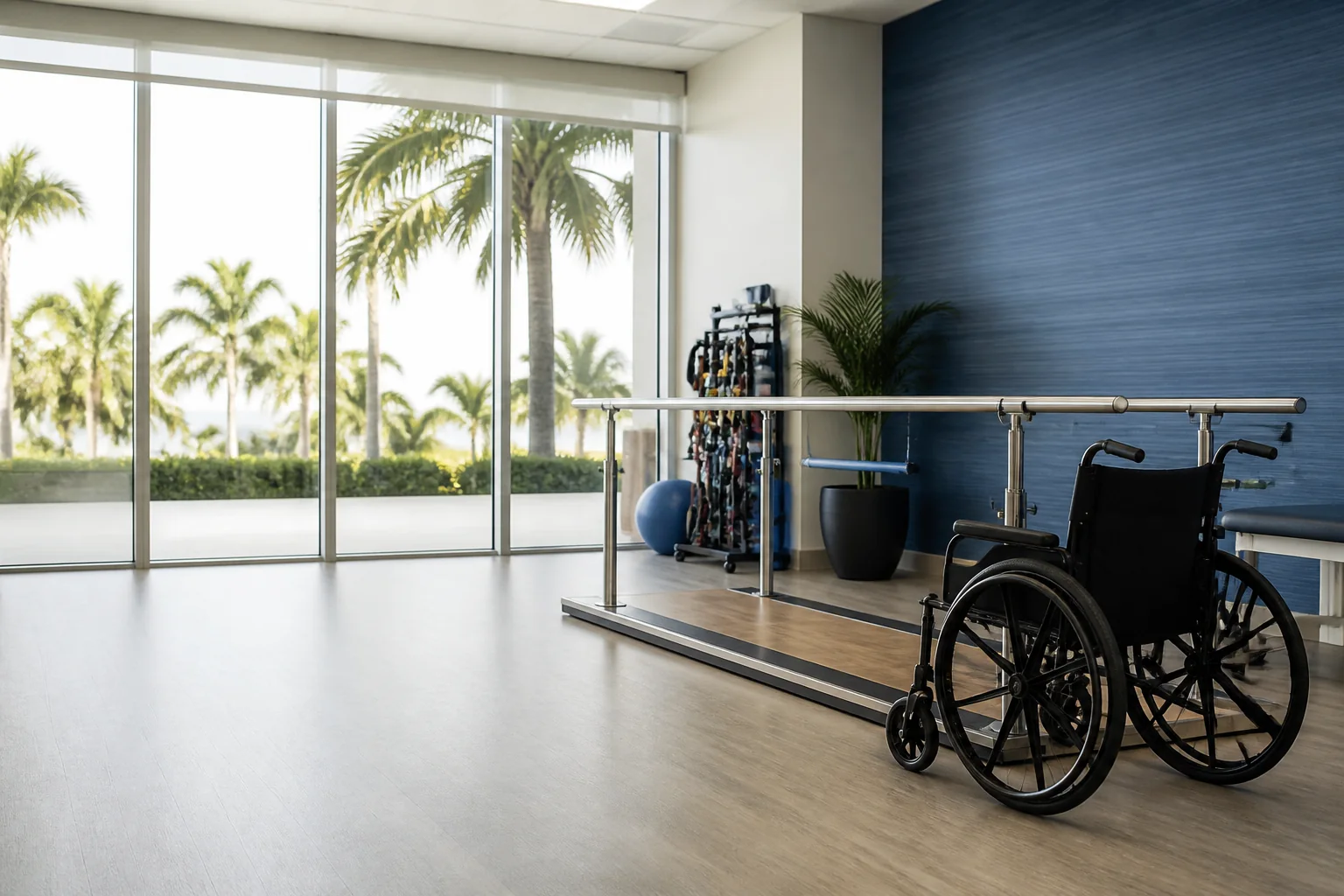 Wheelchair and therapy equipment in a modern rehabilitation setting