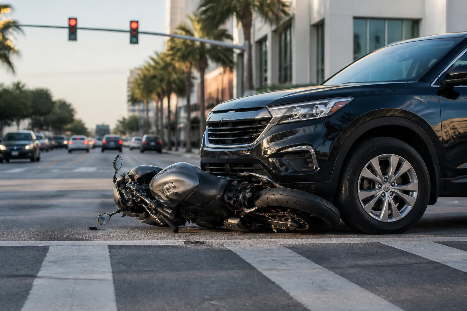 Fallen motorcycle beside an SUV at a South Florida intersection