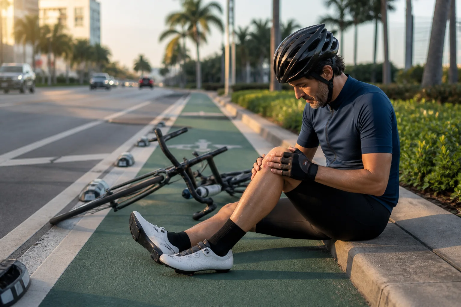 Injured cyclist seated beside a fallen bicycle in a protected South Florida bike lane