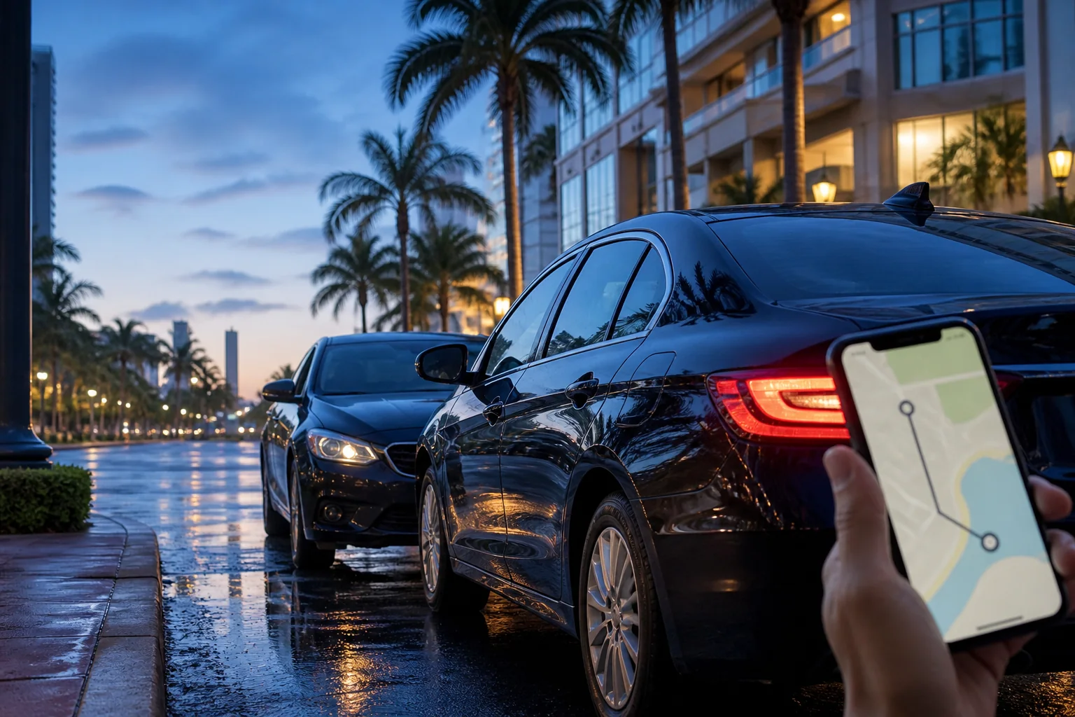 Passenger vehicles and a smartphone map suggesting a rideshare trip