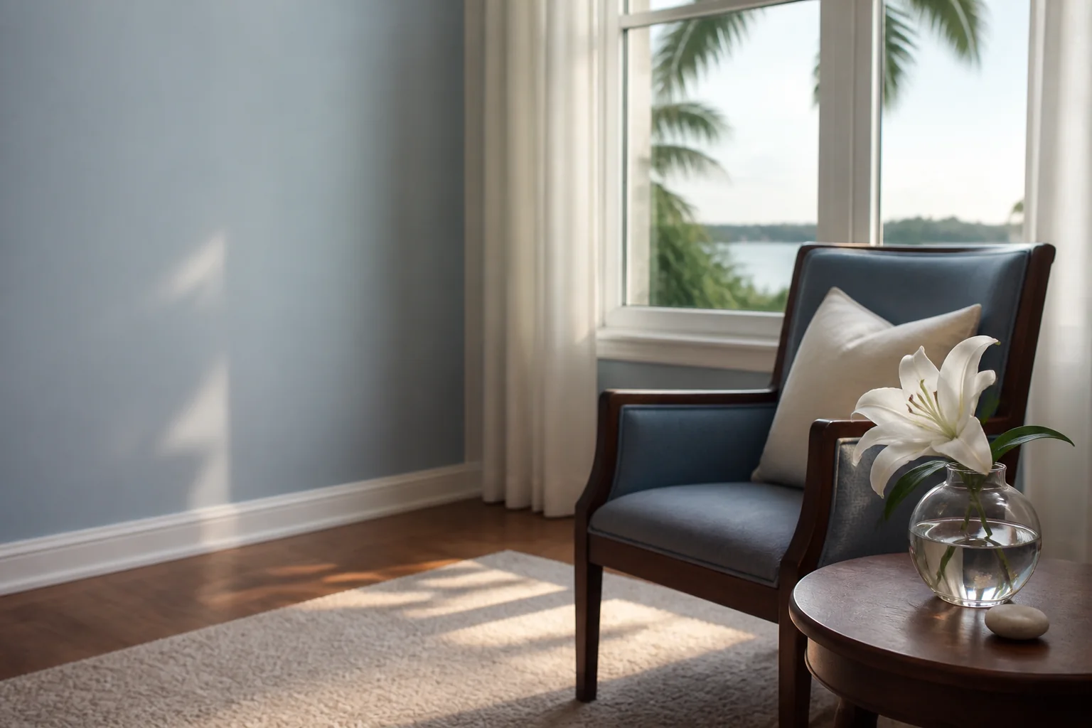 Empty chair and white flower in a quiet Florida home